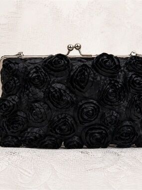 Black Rose Fabric Vintage Clutch, Wallet Frame, Short Silver Chain, 2000s